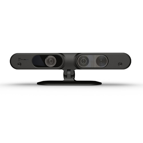 A black, rectangular 3D camera with two lenses and additional sensors on a stand, set against a white background.