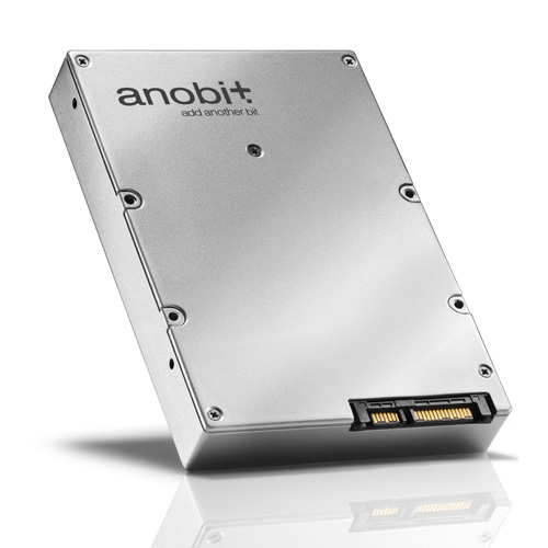 Silver solid-state drive labeled anobit with the phrase add another bit beneath the brand name. The drive is tilted at an angle, showcasing its metallic surface and connector at the base.