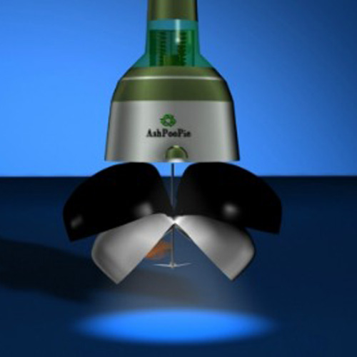 A futuristic device with a green and gray upper section labeled AshPooPie is suspended above a surface. It has a black and silver opening mechanism extending downward, casting shadows on a blue background.