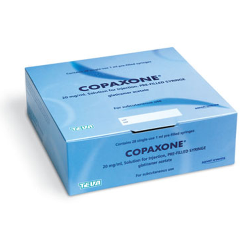 A blue box of Copaxone against a white background