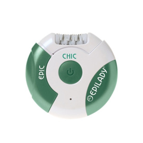 A green and white Epilady Epic Chic epilator with a round design. It features an on/off button in the center and has small epilator blades on top. The brand name EPILADY is printed on the side.