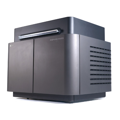 A sleek, modern data server with a smooth, matte black finish. It has a ventilation panel on the side and a horizontal light bar on the front. The unit is labeled CONNEX500 on the upper corner.