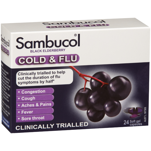 An unopened box of Sambucol in black elderberry flavor. The box stands against a clean white background.