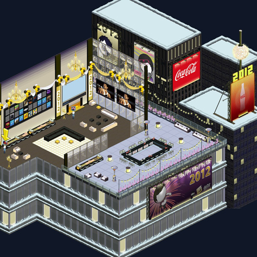 Isometric illustration of a festive rooftop celebration with 2012 decorations, billboards including a Coca-Cola ad, and a stage. Tables and chairs are arranged around the area, creating a party atmosphere.