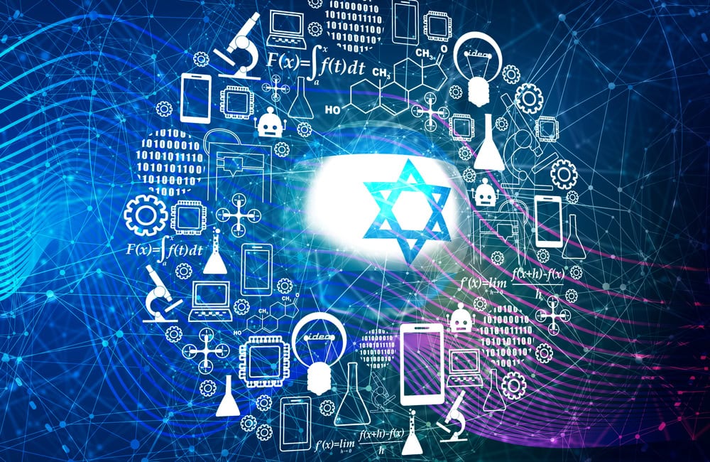 A graphic image with a large star of david inside of a blue and white sphere. The sphere is surrounded by smaller icons of smart phones, robots, science beakers, and science equations on top of a dark blue background.