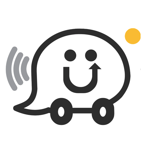 The original Waze logo, which features a stylized cartoon image of a smiling car icon with a smiley face. The car has two wheels and a curved line resembling a speech bubble. There is a small yellow circle above it, and gray curved lines indicating movement on the left side.