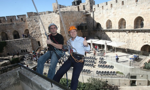 gruberg-barkat Gruberg rappelling with Jerusalem Mayor Barkat. Photo by Yossi Zamir/Flash90.