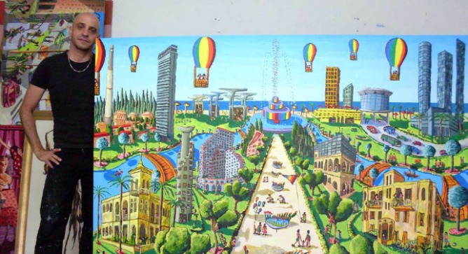 Gay rainbow colors infuse Perez’s depictions of Tel Aviv.