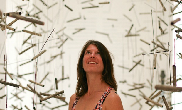 delicate-balance Mizel Museum Curator Georgina Kolber in Andi Arnovitz’s "A Delicate Balance" in the Ein Harod Museum of Art. Photo by Alyssa Kapnik