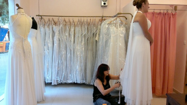 bridal-fitting A bride gets fitted inside one of Dizengoff’s many bridal salons.