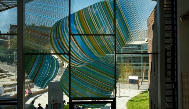 Artist Alexander Beleschenko won a competition with this multi-colored printed glass design for the Forum, University of Exeter, UK. Dip-Tech digital in-glass printing with ceramic inks was the only solution capable of meeting the challenges posed by so many colors integrated in an external application.