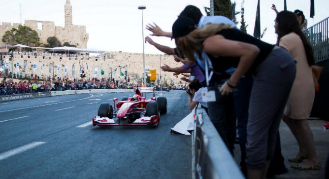 A Formula One driver zooms past Jerusalem’s historic Tower of David. Photo by Flash90.