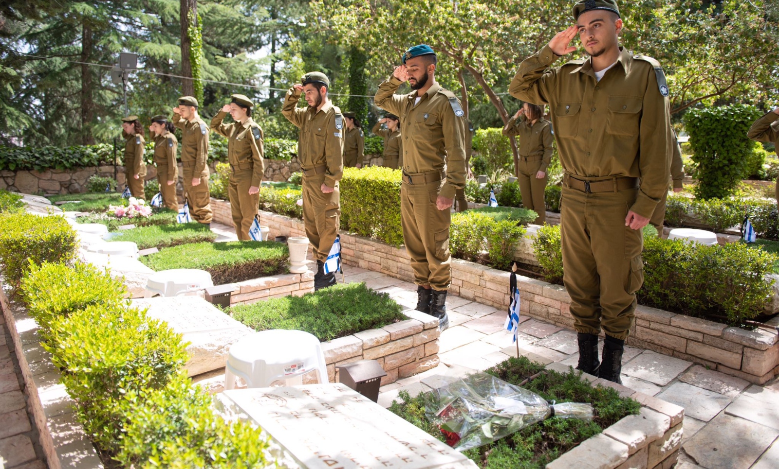 Soldiers paying tribute at Har Herzl Military Cemetery on Remembrance Day 2022. Photo by IDF Spokesperson's Unit via Wikimedia Commons A line of soldiers in Israel Defense Force uniforms saluting at a cemetery. They stand before graves adorned with flags and flowers. Trees and sunlight create a peaceful background.