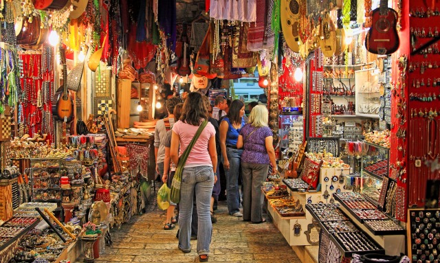 market The oriental market in Old Jerusalem offers a variety of Middle Eastern products and souvenirs. Image via Shutterstock.com