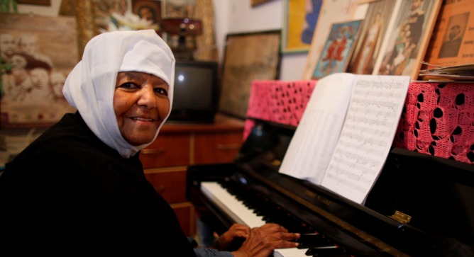 Emahoy Tsegue-Mariam Gebru at the piano. Photo by Tal Shachar/Jerusalem Season of Culture