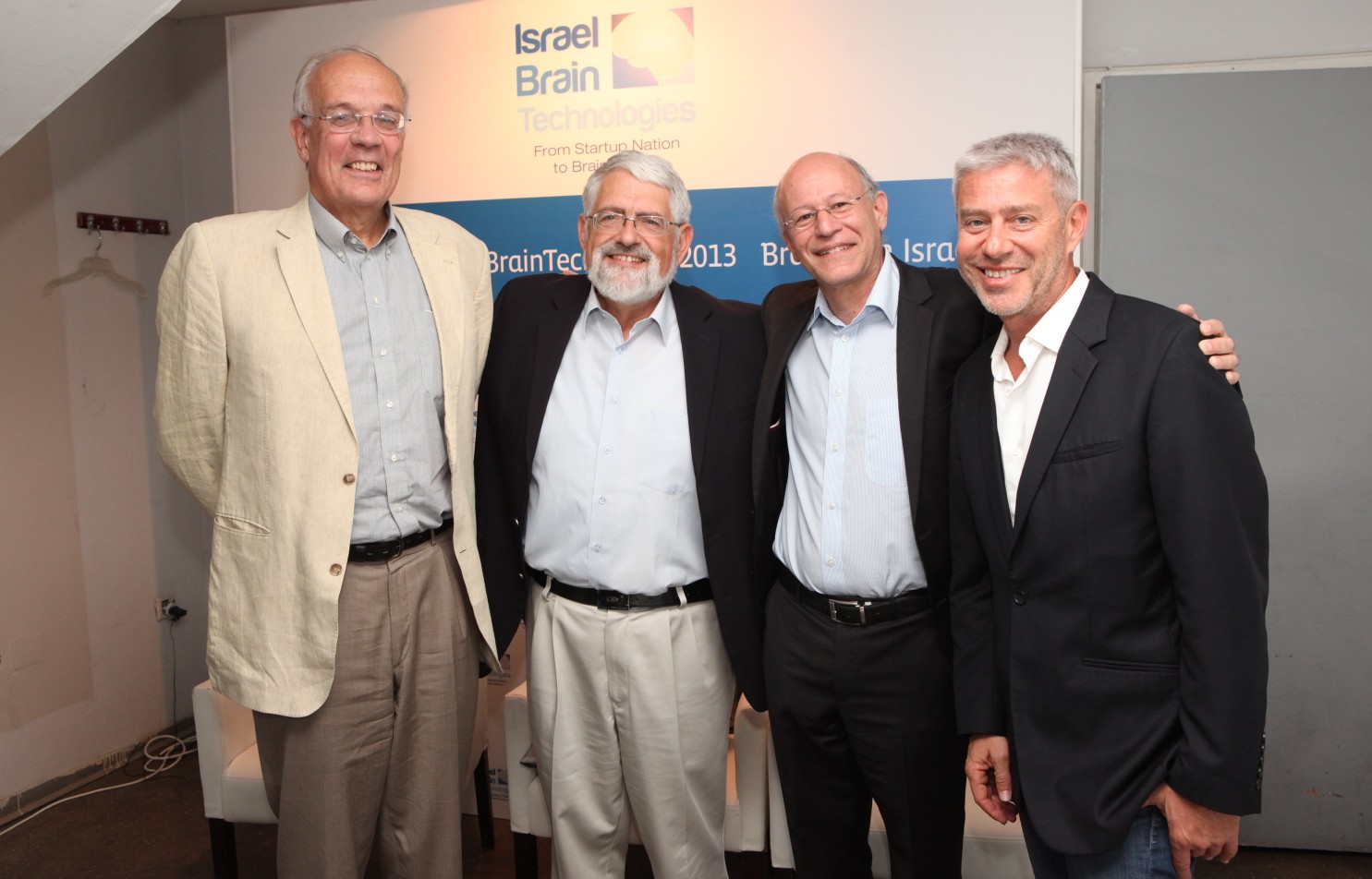 From left, Nobel Laureate Prof. Bert Sakmann; Hebrew University of Jerusalem Prof. Haim Sompolinsky; Columbia University Prof. Larry Abbott; and Dr. Rafi Gidron, founder and chairman of Israel Brain Technologies, at BrainTech Israel 2013. Sompolinsky won IBT’s inaugural Mathematical Neuroscience Prize.