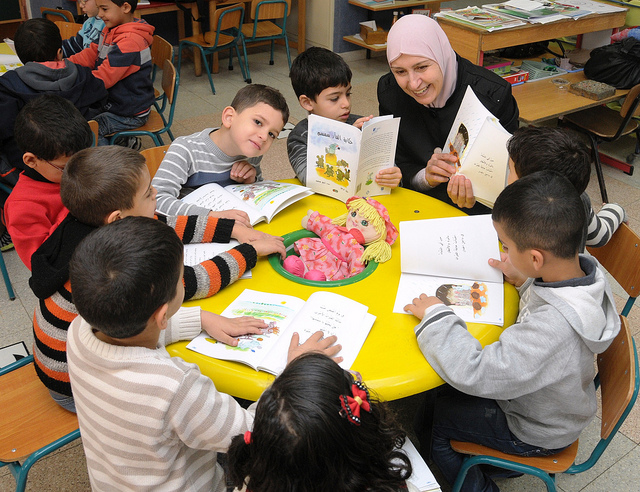 Teachers and parents shared reading time with the kids in the Baka al-Gharbiyeh classrooms.