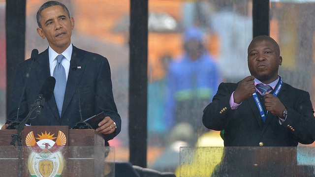 Jantjie “interpreting” for President Obama at Mandela’s funeral. https