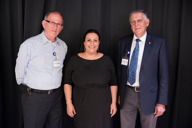 From left, founder Dr. Moshe Kaplan with Nof Atamna-Ismaeel and Prof. Dan Shechtman. Photo by Doni Lerner/Doni Digital
