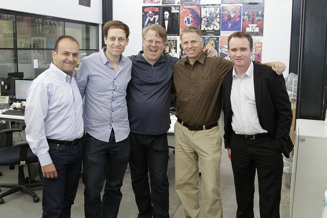 From left, JVP Partner Yoav Tzruya, Nir Kouris, Robert Scoble, JVP Partner Uri Adoni and wearable computing/IoT strategist Julien Blin. Photo by Kobi Natan