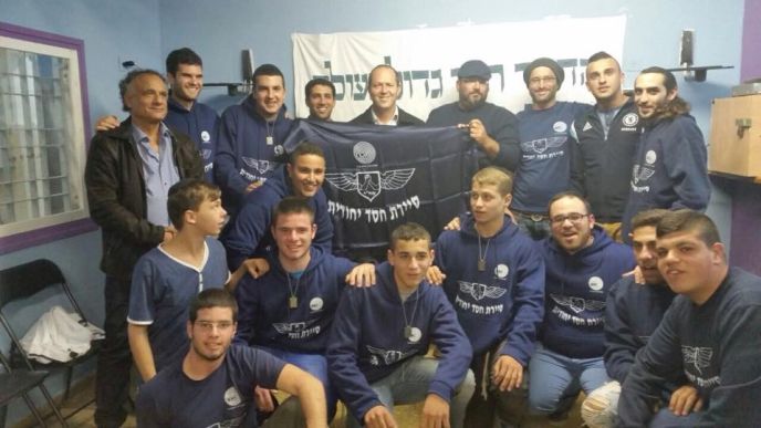Jerusalem Mayor Nir Barkat, center, with SAHI members. Oded Weiss is fourth from right, next to Barkat; Avraham Hayon is third from right.
