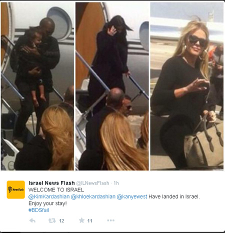 Israel News Flash posted Twitter feed welcoming the Kardashians.