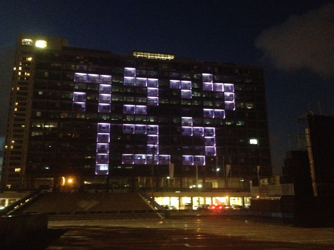 White Night written in Hebrew on the Tel Aviv-Yafo Municipality building. (Courtesy)