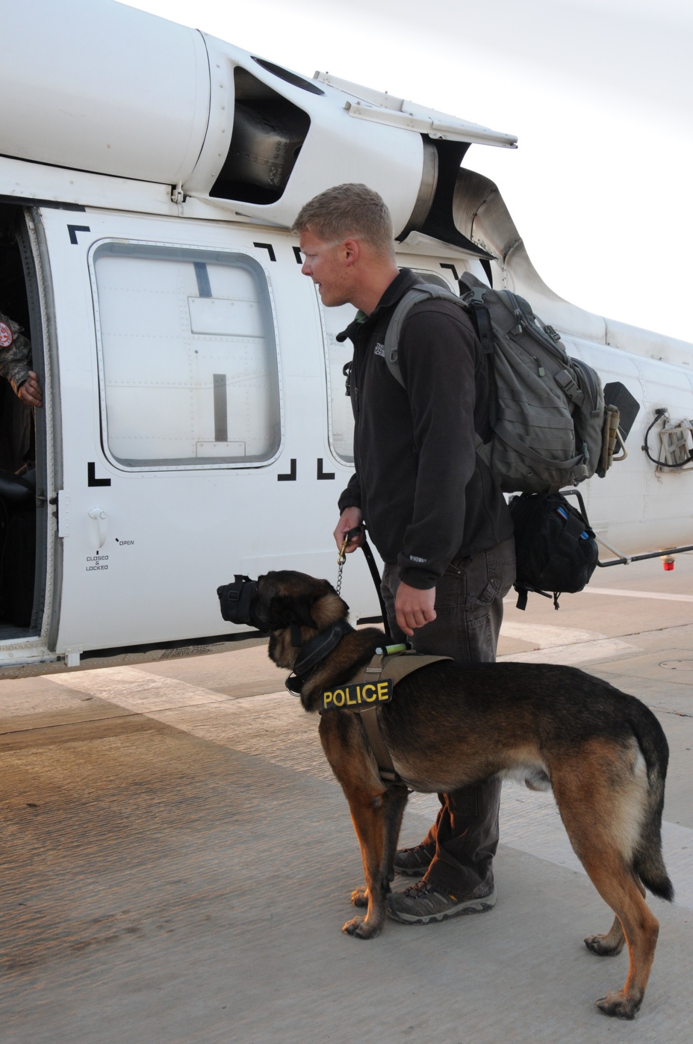Dano_and_handler Dano and his handler Staff Sgt. John Breyer preparing to board a UH-60 Black Hawk from MFO’s North Camp in Egypt to get emergency care for Dano in Israel. Photo by US Army Capt. Jennifer Dyrcz, Task Force Sinai Public Affairs