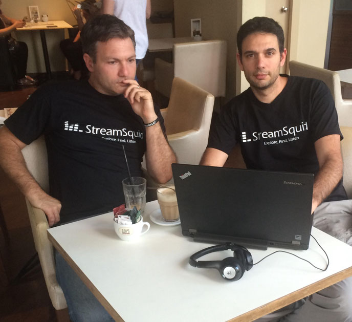 StreamSquid’s Ziv Waksman and Itzik Ben-Basat meet at a cafe to code. (Courtesy photo) 