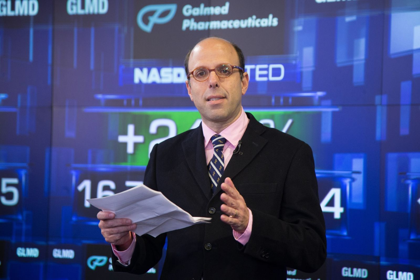 Galmed founder and CEO Allen Baharaff at NASDAQ on the day Galmed went public. Photo courtesy of NASDAQ