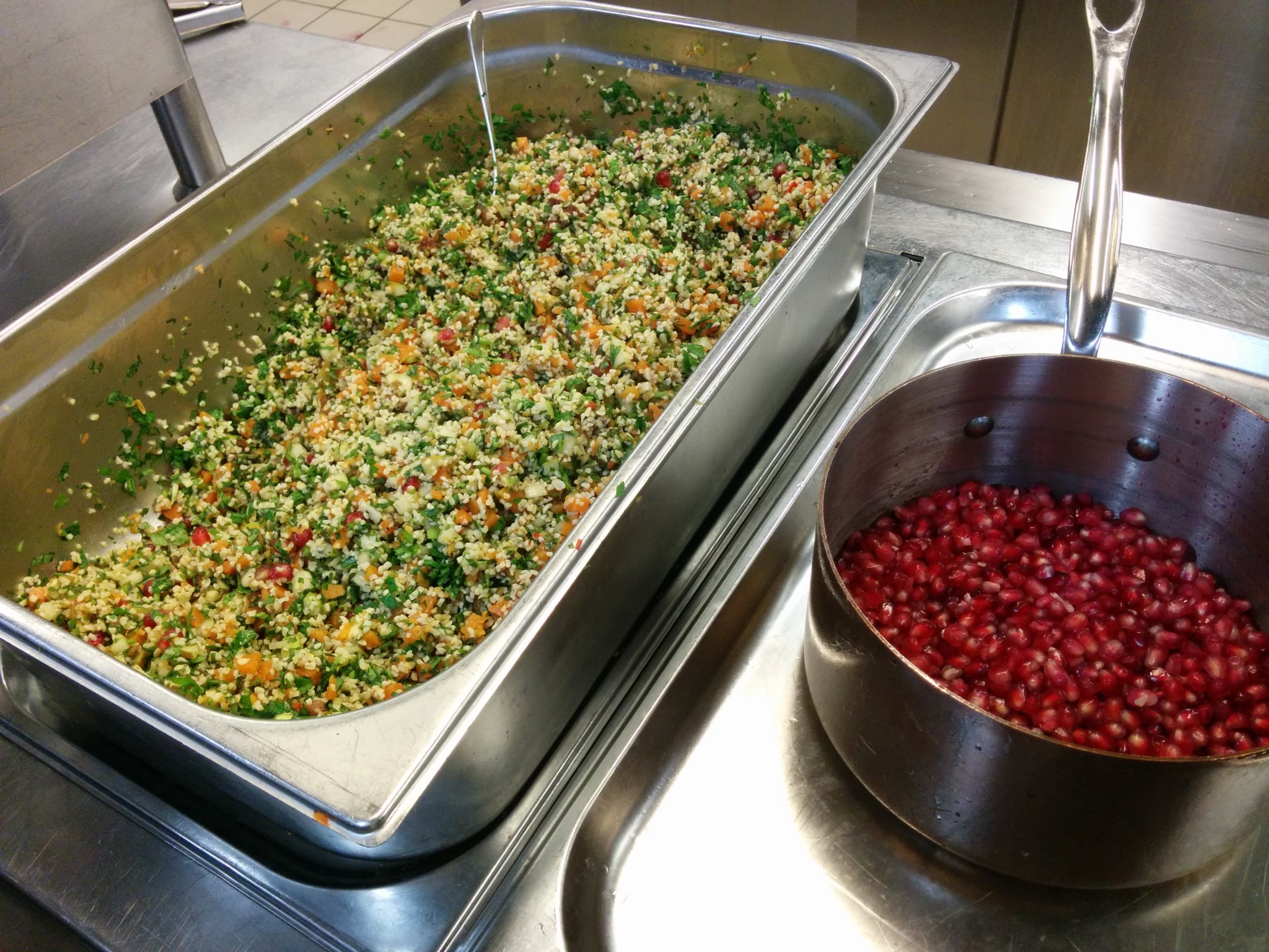 The salad part of Seven Species under construction in the Waldorf kitchen. Photo by Abigail Klein Leichman