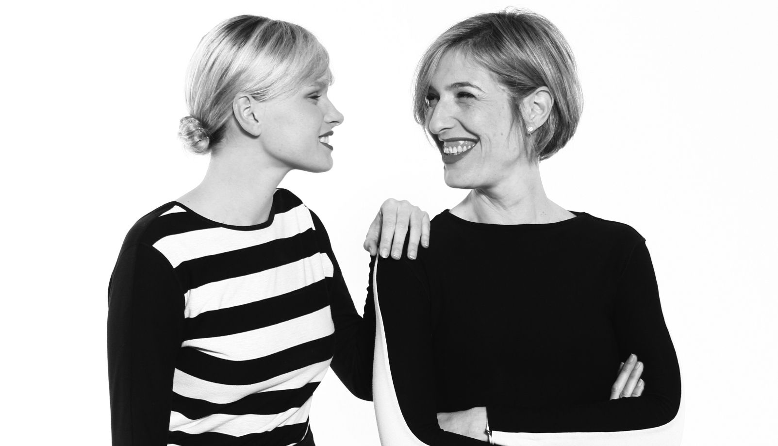 Morf creator Tamara Salem, right, with model Alexa Doll wearing the versatile shirts. Photo by Ido Izsak