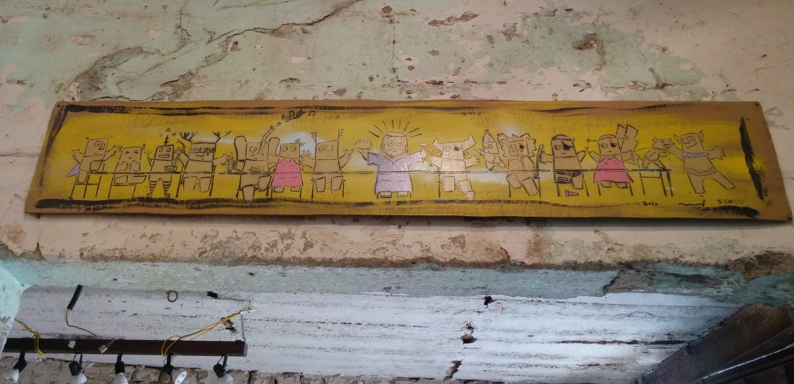 “The Last Supper” by Adi Sened hangs in the Street Art Gallery. Photo by Abigail Klein Leichman