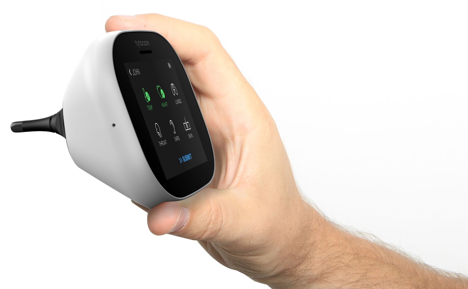 The home telemedicine device includes an integrated stethoscope, otoscope and computer-vision camera. Photo courtesy of TytoCare