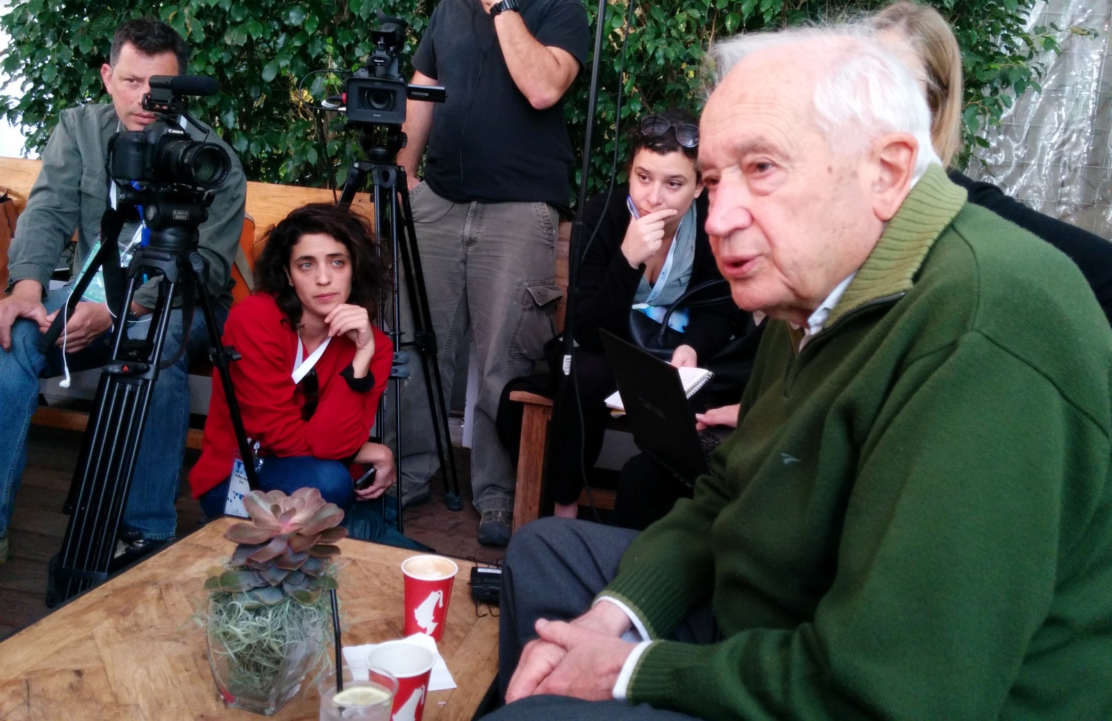 Prof. Raphael Mechoulam, right, a worldwide authority on medical cannabis, speaks to the press at Canna Tech 2016. Photo by Viva Sarah Press Prof. Raphael Mechoulam, right, a worldwide authority on medical cannabis, speaks to the press at Canna Tech 2016. Photo by Viva Sarah Press