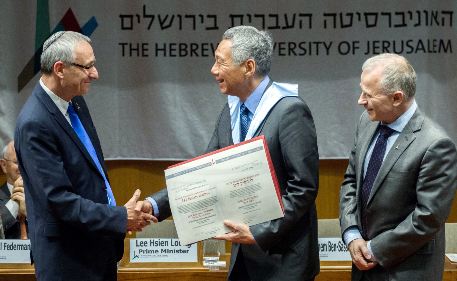 Hebrew University President Prof. Menahem Ben-Sasson, left,with Singapore’s Prime Minister Lee Hsien Loong and Hebrew University Rector Prof. Asher Cohen. Photo by Miriam Alster/FLASH90 for HUJ