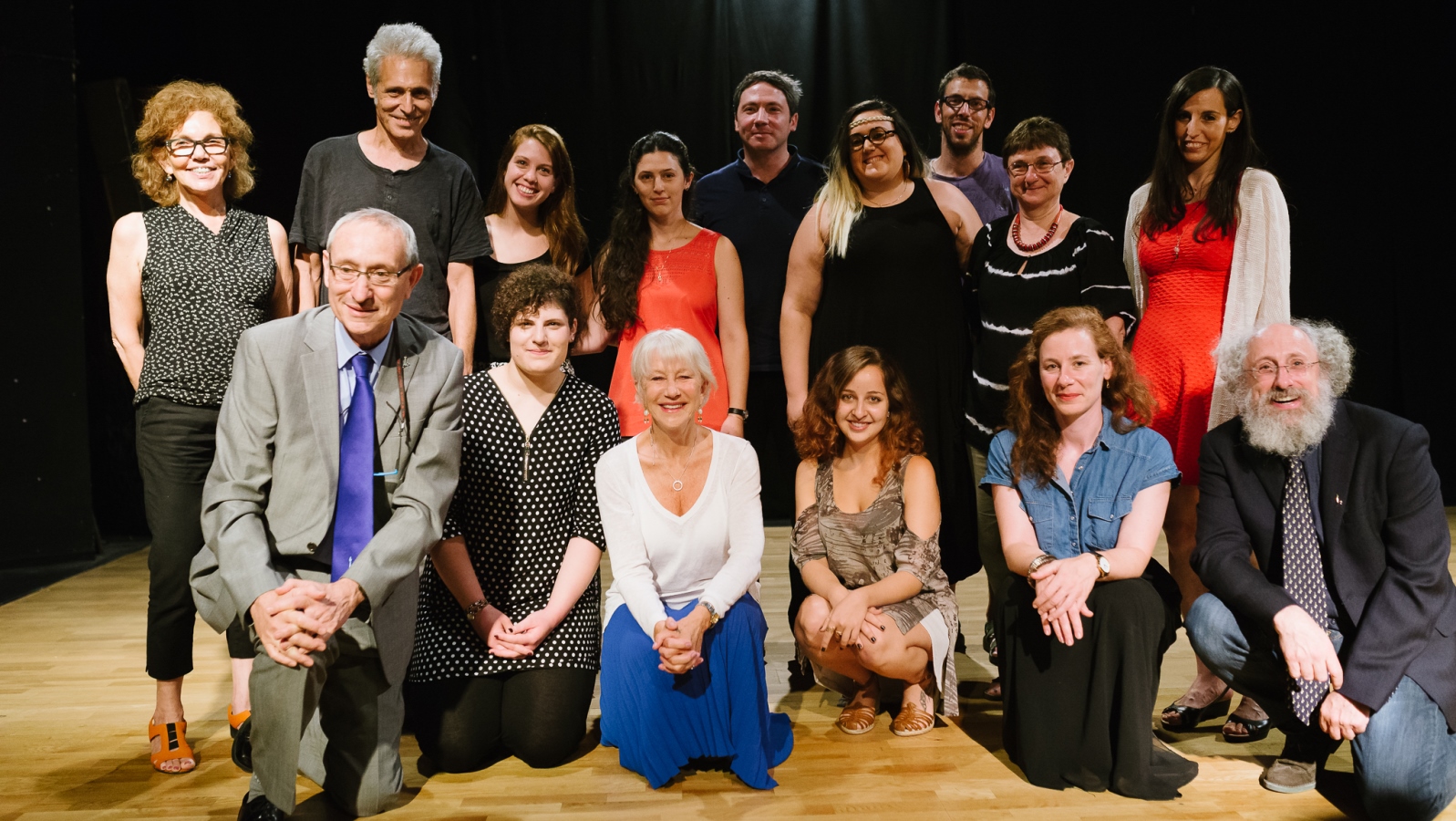 Dame Helen Mirren meets with Arab and Jewish students and staff at the Department of Theatre Studies at the Hebrew University of Jerusalem. Also pictured: Chair of the Department of Theatre Studies and Director of the Billy Crystal Program, Dr. Jeanette Malkin (top left); Hebrew University president Prof. Menahem Ben-Sasson (bottom left); and Dean of the Faculty of Humanities, Prof. Dror Wahrman (bottom right). P Dame Helen Mirren, center, meeting with Arab and Jewish theater studies students and administrators at the Hebrew University of Jerusalem. Photo by Dor Kedmi/HUJ