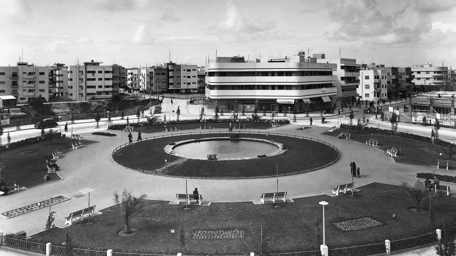 This Bauhaus building at Tzina Square (now Dizengoff Square) in Tel Aviv, built in 1937 by Genia Averbuch, is now The Cinema boutique hotel. Photo from the Library of Congress, G. Eric and Edith Matson Photograph Collection