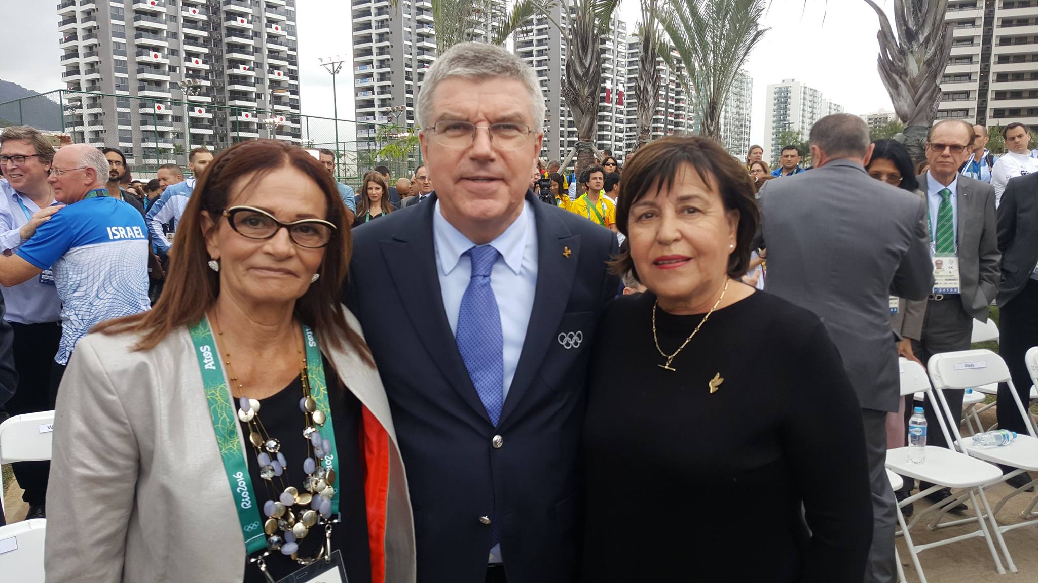 International Olympic Committee President Thomas Bach poses with Ankie Spitzer and Ilana Romano, widows of two of the 11 Israelis murdered at the 1972 Munich Olympics, at the first-ever IOC-led memorial ceremony in Rio de Janeiro. Photo via Israel Olympic Committee/Facebook