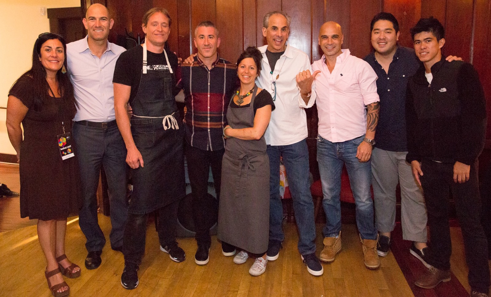 Chef Michael Solomonov (center, plaid shirt) and filmmaker Roger Sherman (center, white shirt) with chefs Ryan Pollnow, Nick Balla, Cortney Burns and Mourad Lahlou. Photo by Anita Bowen Photography
