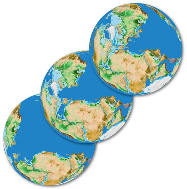 The image shows plate reconstruction maps at 360, 340 and 320 million years ago (bottom left to upper right), at around the time when the Pangaea Supercontinent completed its formation and a new ocean was formed in the now eastern Mediterranean. Reconstruction by Roi Granot