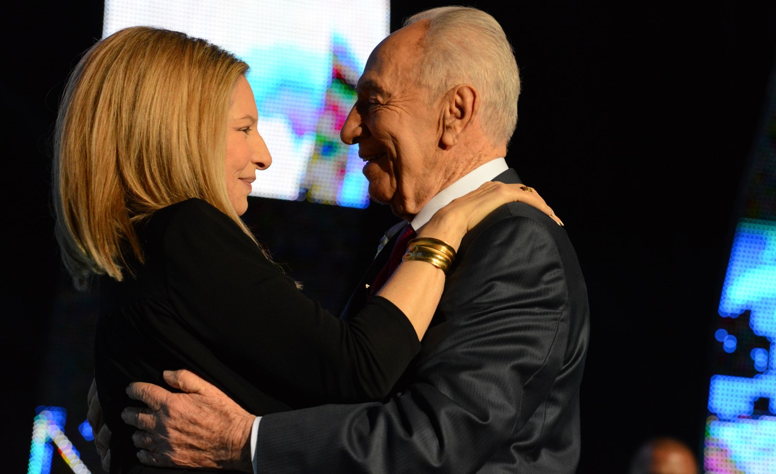 Barbra Streisand congratulating then Israeli President Shimon Peres during his 90th birthday celebration in 2013. Photo by Kobi Gideon/GPO/FLASH90