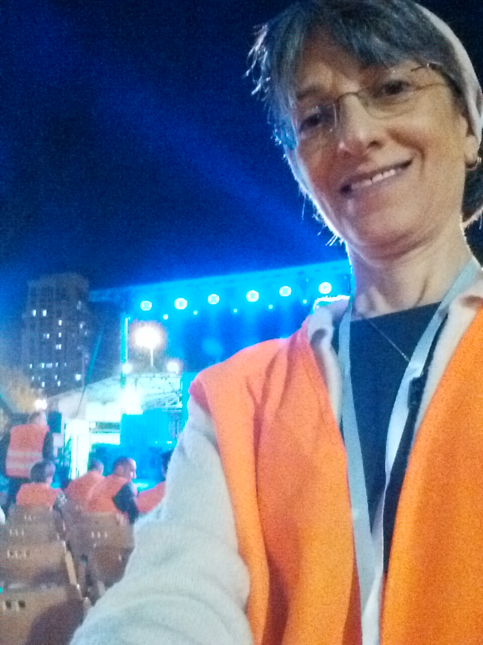 ISRAEL21c Associate Editor Abigail Klein Leichman in her orange vest at the cornerstone-laying event, October 26, 2016. Photo: selfie