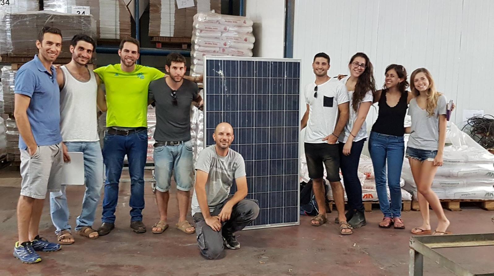 EwB Israel CEO Jonathan Haran with TAU members Adir Shaham, Imry Atzmon, Gil Margalit, Moshe Gurfinkel, Raz Cohen, Adi Mayersohn, Inbal Tamir and Gal Aviram at the headquarters of Ormash Solar. Photo: courtesy EwB Israel CEO Jonathan Haran with TAU members Adir Shaham, Imry Atzmon, Gil Margalit, Moshe Gurfinkel, Raz Cohen, Adi Mayersohn, Inbal Tamir and Gal Aviram at the headquarters of Ormash Solar. Photo: courtesy