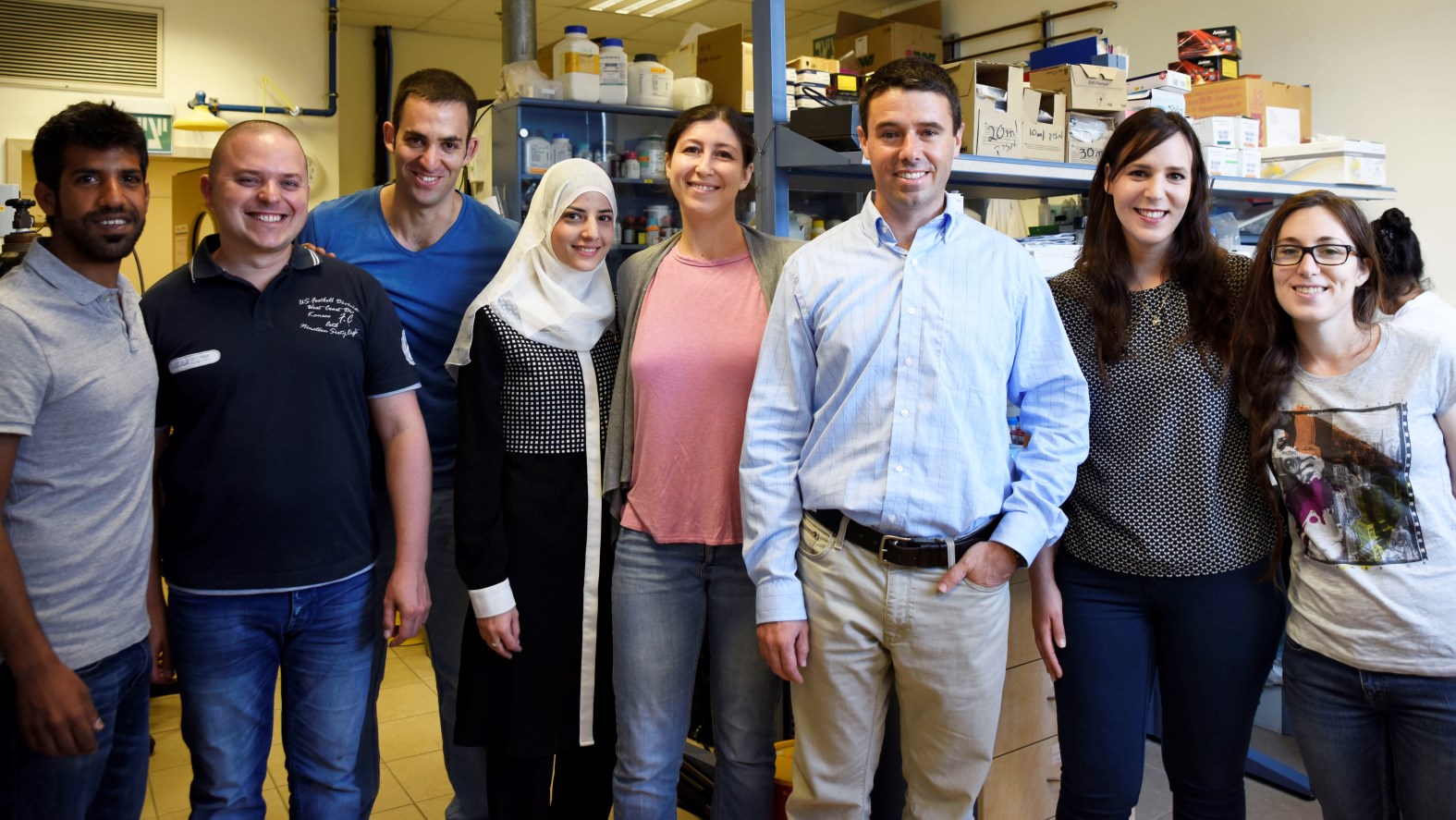 Assistant Prof. Avi Schroeder, third from the right, and doctoral student Zvi Yaari, second from left, with the Technion research team. Photo credit: Omry Dinner