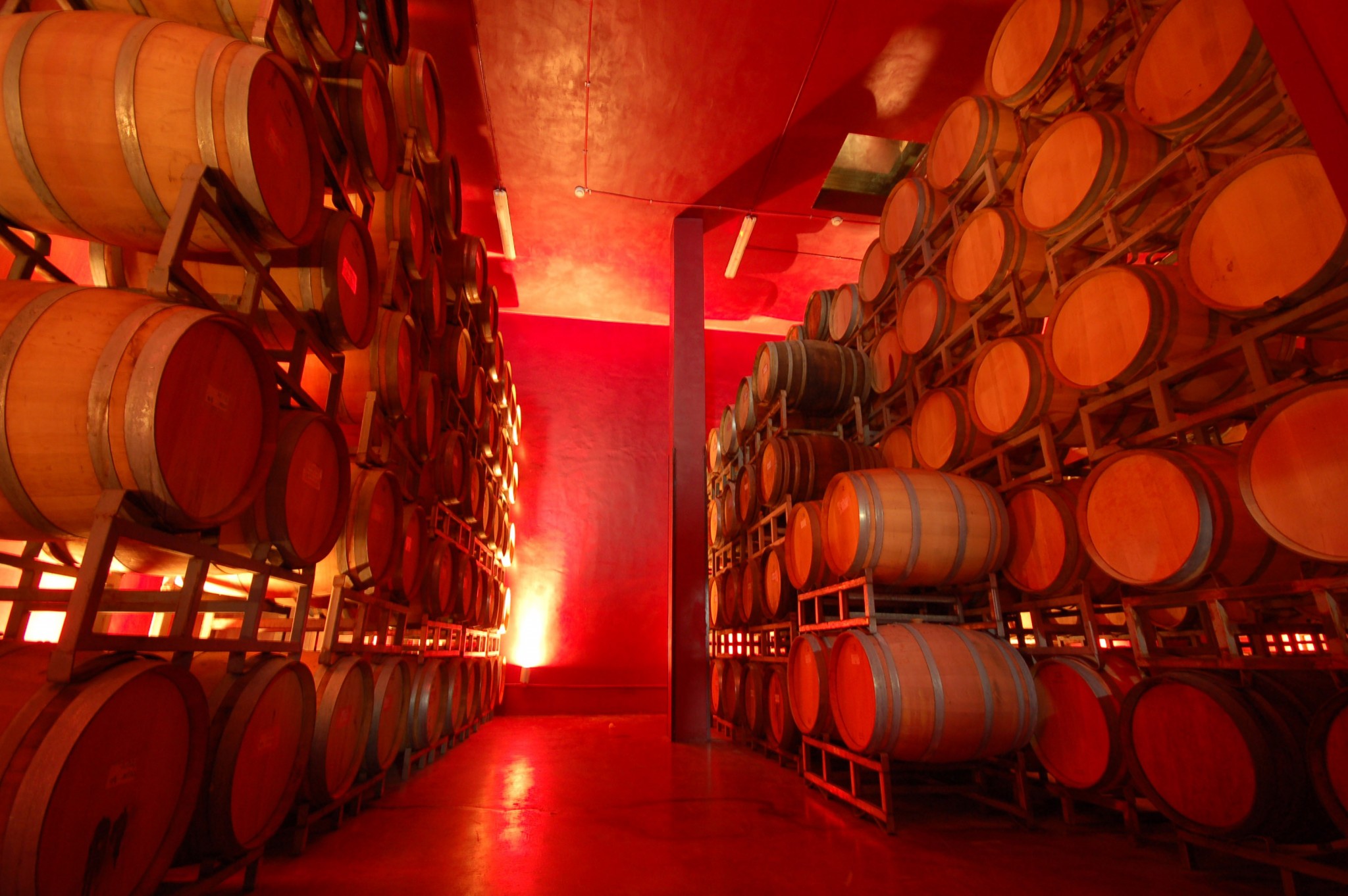 A dimly-lit cellar in a winery with rows of stacked wooden barrels on metal racks, illuminated by a warm red-orange light.