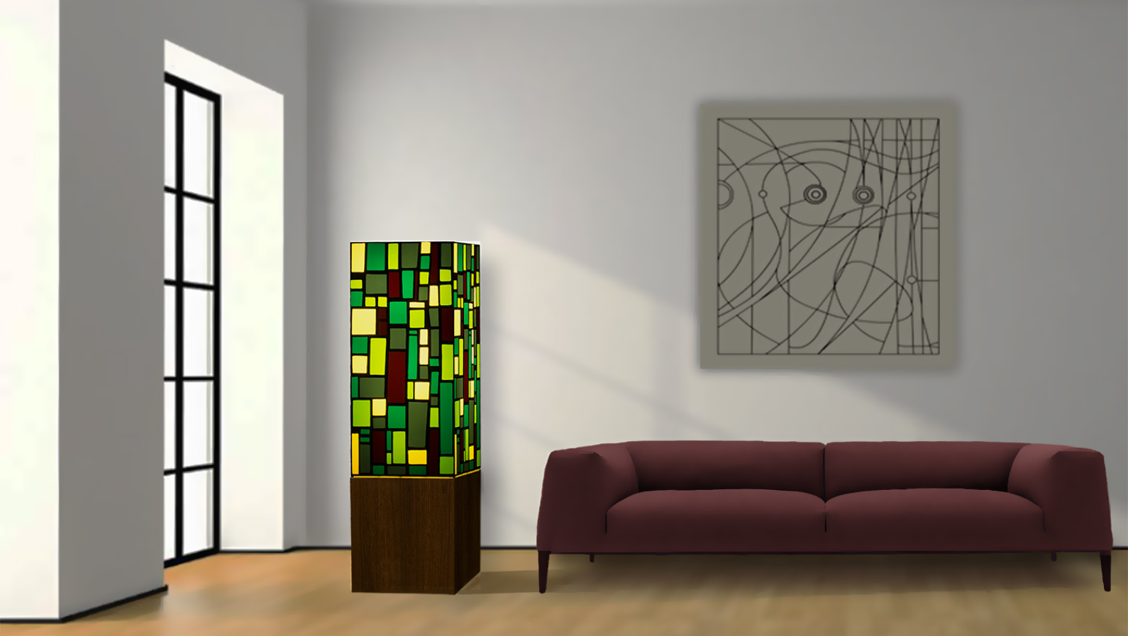 Yigal Abiri’s Green Parade fixture is made of stained glass on a steel or wood base. Photo: courtesy