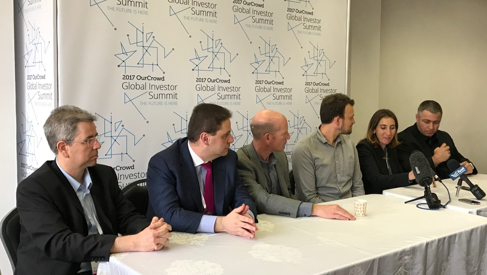 From left, Medaware CEO Dr. Gidi Stein, Becton Dickinson Strategic Innovation Director Yuri Haverman, Intel EMEA Ecosystem Innovation Development Director Joel Fisch, Intel Sports Group Senior Director of Operations and Production Aviv Shapira, OurCrowd head of business development Laly David, and VocalZoom CEO Tal Bakish. Photo by Abigail K. Leichman 