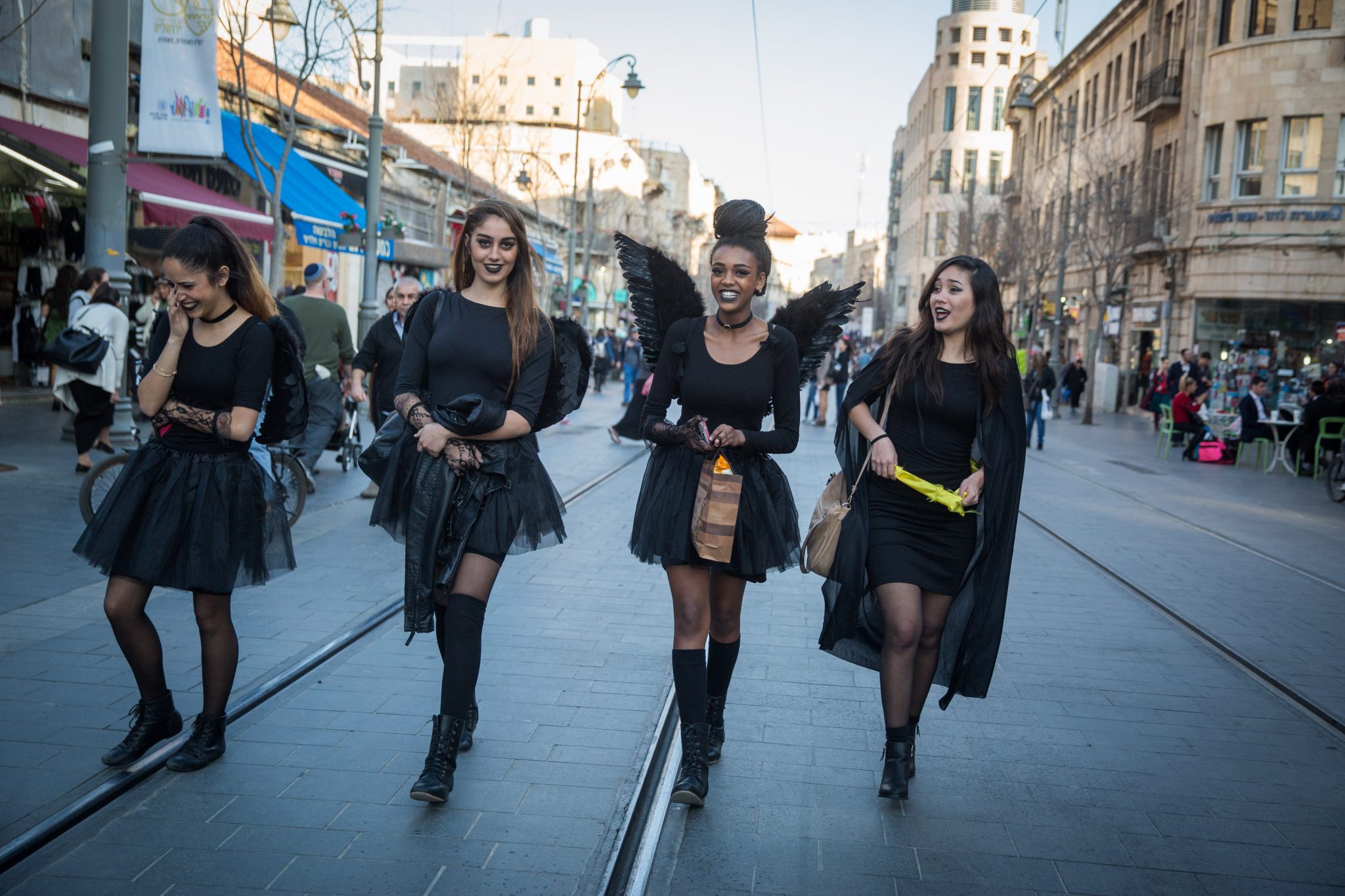 Israeli girls in costumes on March 8, 2017, walking in Jerusalem ahead of Purim. Photo by Hadas Parush/FLASH90