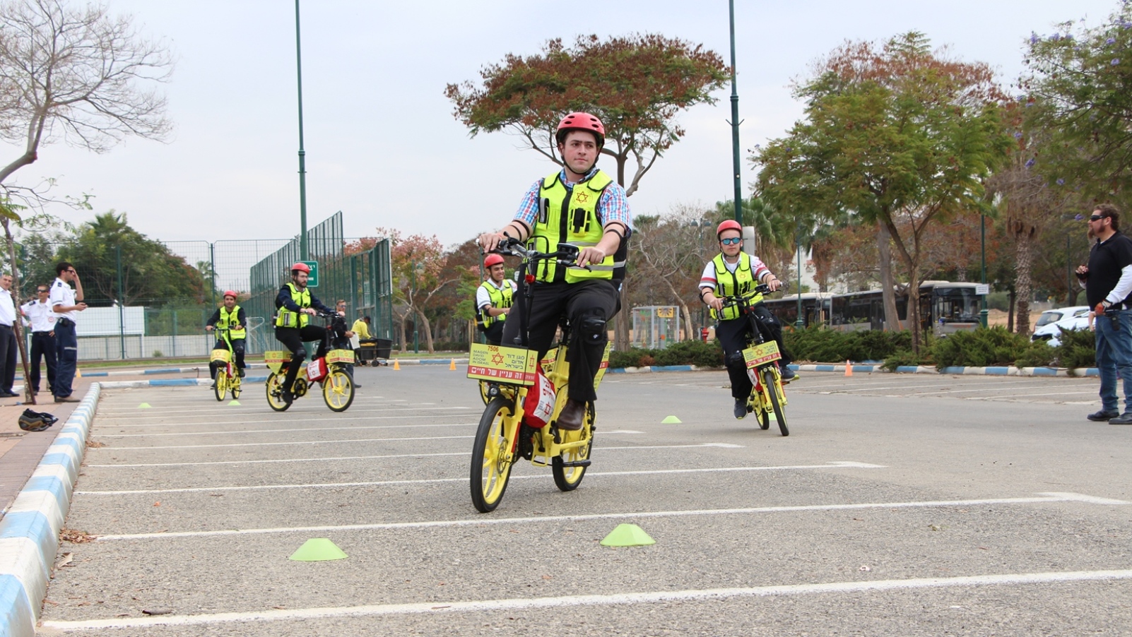 Volunteers testing out the new emergency-response electric bicycles in Jerusalem. Photo by Chezki Grossbard